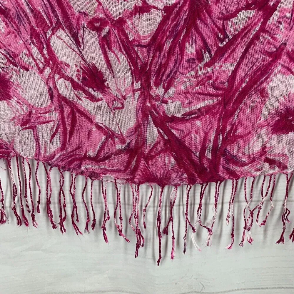Soft Semi Sheer Viscose Gauze Rectangle Scarf Wrap Pink White Floral Fringe Ends